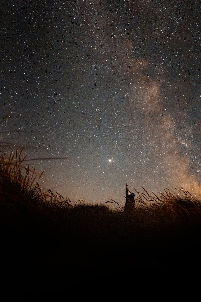 Silhouette of a Person Standing in Grass and Reaching for a Star